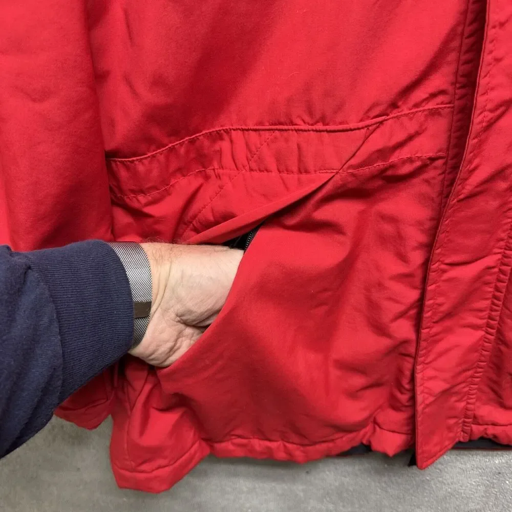 Vtg J Crew Jacket Mens M Red 3 Pocket Hood Nylon Water Resist Insulated Nautical